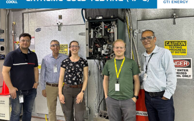 The team next to the thermally driven heat pump at the lab of GTI Energy in Chicago (fltr: Hadi Ramin, Rich Kooy, Eva van Beurden, Jelmer Dijkstra, Farzin Rad)